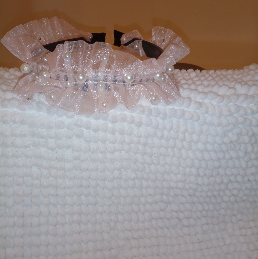 Gorgeous Pink Ruffled Tulle Headband with Faux Pearls | Bridal, Coquette, Fairyc - Picture 10 of 13
